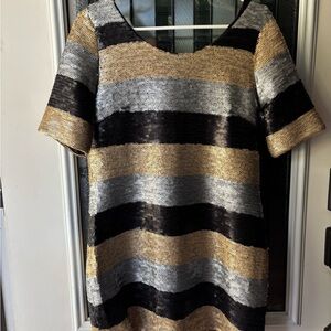 Vintage Emmelee Gold, Silver, and Black Striped Mini Dress